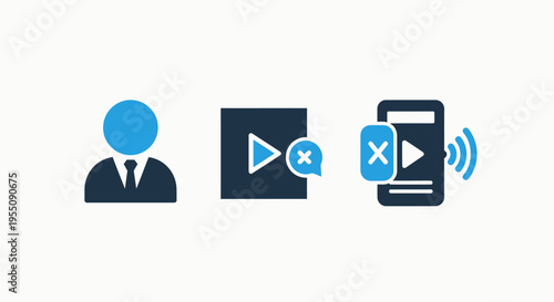 Digital user account and media playback error icons featuring player play button, mobile smartphone streaming symbol, and profile interface elements for application development
