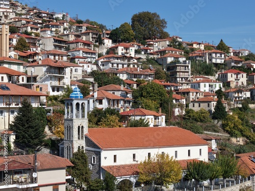 Aerial 4k view of the historic village of Rapsani on the slopes of Mount Olympus, Greece