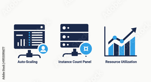 Cloud server dashboard and data management icons for monitoring auto scaling performance, instance count tracking, and resource utilization analytics in professional network infrastructure