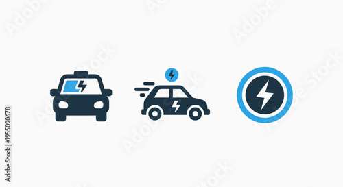 Electric car transport icons featuring front view vehicle, speeding automobile with charging bolt symbol, and power energy circle for eco friendly transportation and ev technology concepts