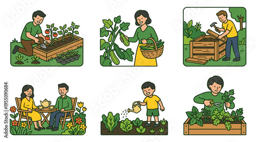 Sustainable urban gardening and harvesting activities flat illustration set