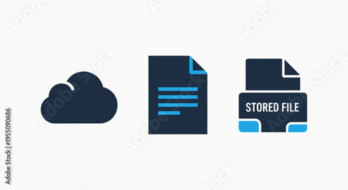 Cloud storage and digital document management icons set featuring stored file folder, paper document icon, and cloud database symbol for secure online information archiving