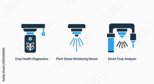 Precision agriculture technology icons for crop health diagnostics, plant stress monitoring sensors, and smart crop analysis systems for modern sustainable farming and food production industry