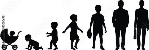 Human life cycle stages silhouette from baby in stroller to adult businessman, growth development childhood maturity career progression journey concept
