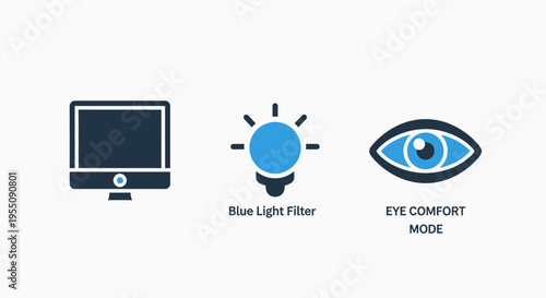 Icons for digital health and visual safety featuring a computer monitor a blue light filter bulb and an eye comfort mode symbol for reducing screen glare and eye strain