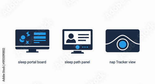 Health and sleep monitoring dashboard icon set featuring heart rate trackers sleep cycle analysis and user profile interface elements on a clean background