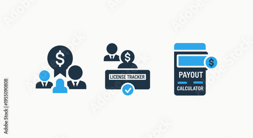 Financial flat icons for payment processing including payout calculator license tracker and user group with currency symbol for subscription management and affiliate tracking