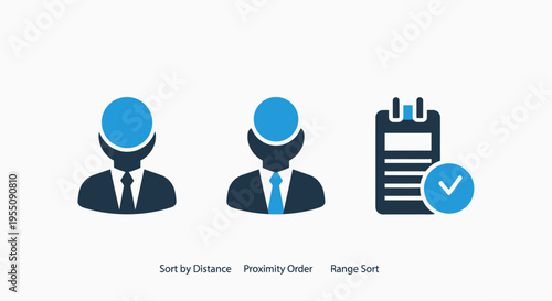 Business administration and identity verification icons illustrating professional user profiles task management checklists and service request status tracking