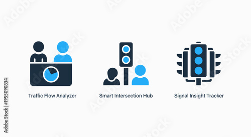 Smart city urban traffic management icons featuring traffic signal monitoring flow analysis sensors and intersection control system graphics