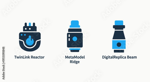 Futuristic digital twin reactor and modeling beam icons showing meta model ridge technology for advanced simulation and virtual engineering prototype development in industrial contexts