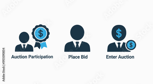 Online auction and bidding participation icons showing professional user avatar with dollar currency reward symbols for digital commerce and marketplace transaction success concepts