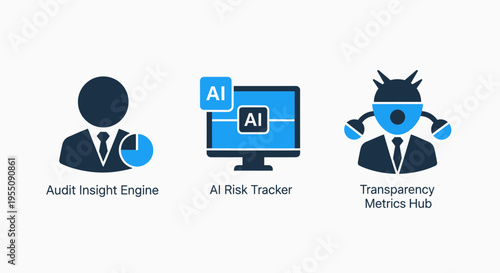Artificial intelligence audit and risk tracker icons featuring insight engine monitor and transparency metrics for technical AI oversight and ethical machine learning system management