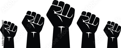 Multiple raised clenched fists black silhouette group protest, unity power strength solidarity revolution freedom fight justice empowerment activist movement concept