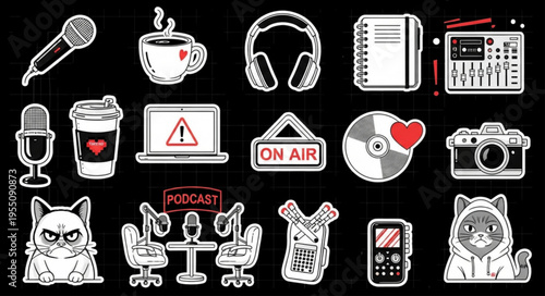 Trendy halftone collage collection with podcast and streaming items. Vector icons of microphone, camera, cat, headset and electronic gadgets for content creator. Digital media design element