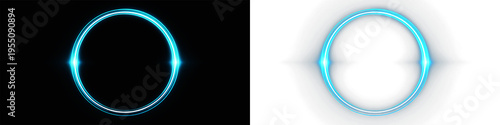 Blue neon portal ring and futuristic interface on transparent background