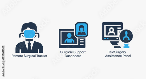 Telemedicine and remote surgery icons set featuring surgical doctor, support dashboard, and tele-surgery assistance panel for modern healthcare technology and digital medical services