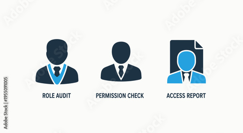 Access control and user permission management icon set for corporate it auditing, role management, permission checks, and security access reporting in business technology environments