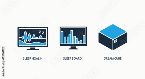 Sleep monitoring technology icon set featuring sleep tracking monitor dashboard dream cube and audio signal analysis for health and wellness applications and biometric data recording