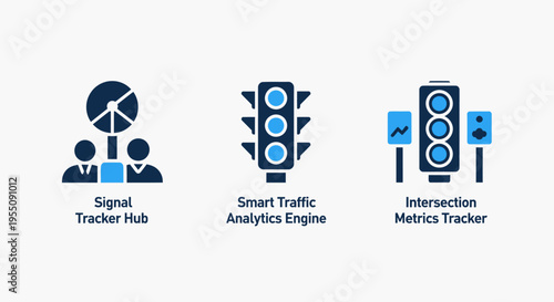 Smart traffic management system icons set including traffic light analytics engine intersection metrics tracker and signal hub for urban city planning and infrastructure monitoring