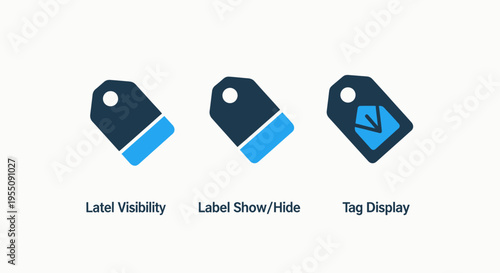 Ecommerce label visibility and tag display icons set for product management filtering and catalog organization in retail web applications and online store inventory management systems
