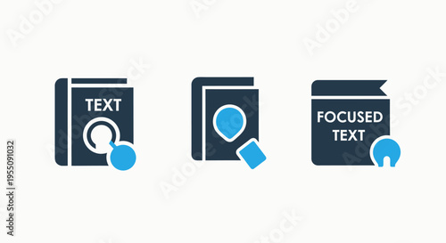 Document text analysis and location mapping icons set featuring focused text search translation and geographic data extraction symbols for information management and academic research