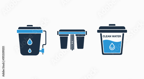 Water filtration and purification equipment icons featuring clean drinking water containers and tap filter systems for household health and environmental sanitation technology solutions