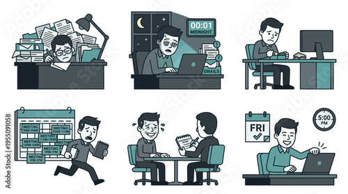 Stressed office worker experiencing burnout and corporate pressure illustration