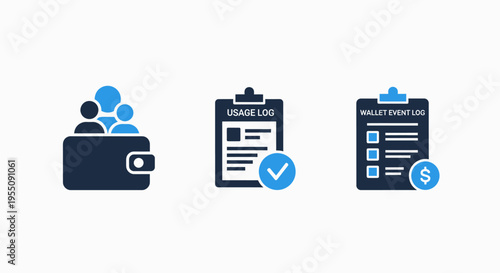 Financial budget and business document management icons including wallet with people and checklist clipboard for insurance policy coverage or corporate expense tracking services
