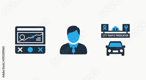 Business analytics and automotive service icons collection with data chart on laptop screen and professional person avatar for industry growth and vehicle maintenance management concepts
