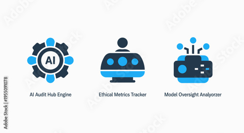 Ai audit engine, ethics policy tracker, and bias detection mechanism icons for responsible artificial intelligence oversight, corporate compliance, and technological governance in modern business