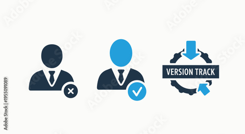 User account verification and software version tracking icons showing profile avatars with approval and rejection marks for application management and system update status control