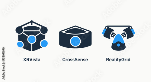 Mixed reality and virtual headset hardware icons including immersive sensory gear and digital interface symbols for augmented reality simulation and future visual technology concepts