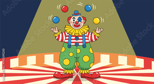 Cheerful circus clown juggling balls in circus ring, clean flat vector style