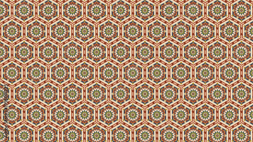 Seamless pattern featuring a traditional ethnic mosaic geometric arabesque design in earthy terracotta red, olive green, navy blue, beige, and golden yellow hues, with ornate hexagonal tile and intric