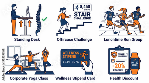 Workplace Employee Wellness and Corporate Health Program Icon Set