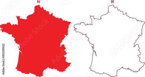 Black silhouette and outline map of france with compass