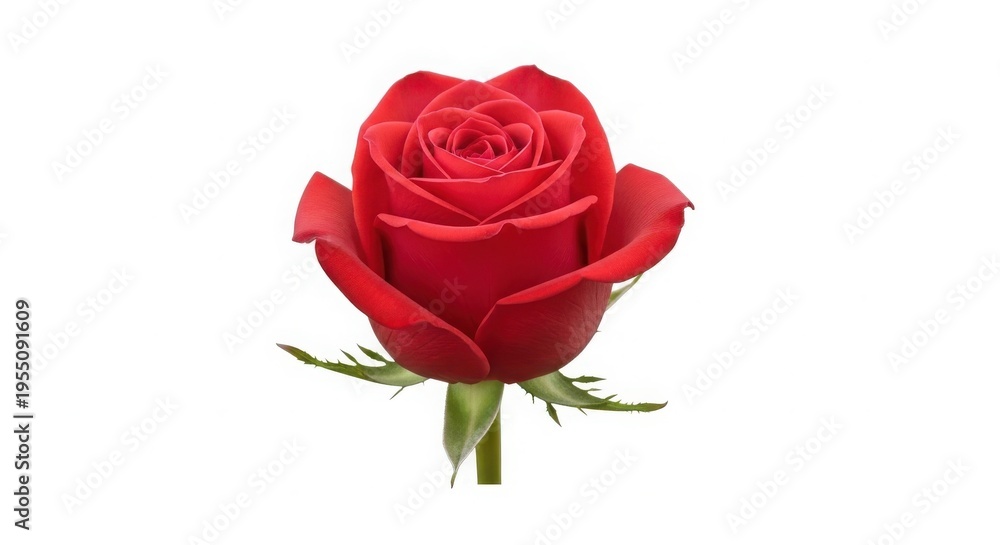 Naklejka premium Single Vibrant Red Rose Flower Head with Green Stem and Leaves isolated on White Background