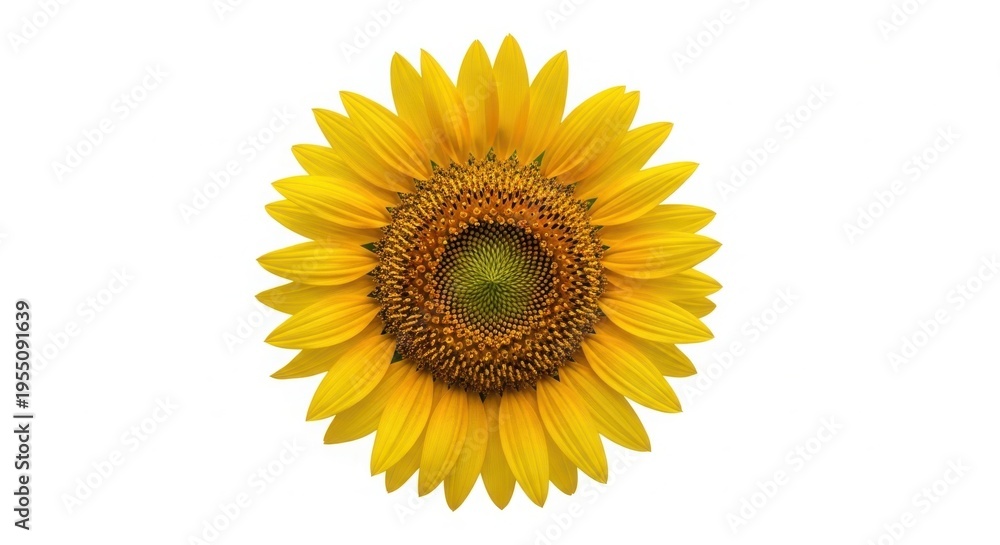 Fototapeta premium Top View of a Single Vibrant Yellow Sunflower Head isolated on White Background