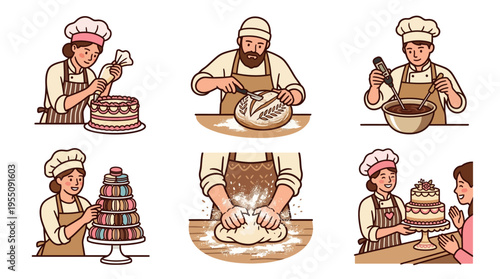 Professional Baker and Pastry Chef Crafting Gourmet Desserts Illustration