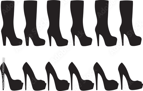 Silhouettes of black heeled boots and shoes
