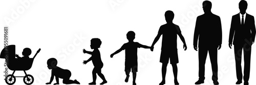 Human life stages silhouette evolution from baby in stroller, crawling infant, toddler walking, child holding hand, boy, teenager, adult man, businessman vector