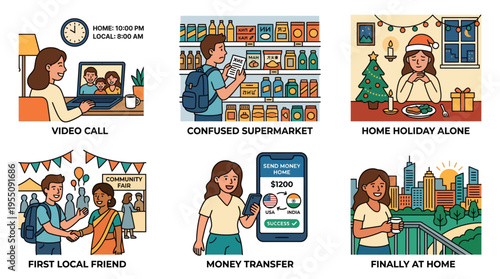 Expat life journey and immigrant relocation experience illustration set