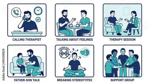 Men's Mental Health Support Therapy and Emotional Wellness Concept Set