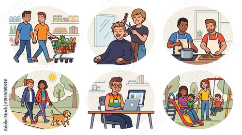 Diverse LGBTQ+ Community Daily Life and Family Activities Illustration