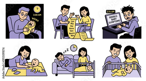 Cartoon Scenes of New Parents Caring for Infant Baby