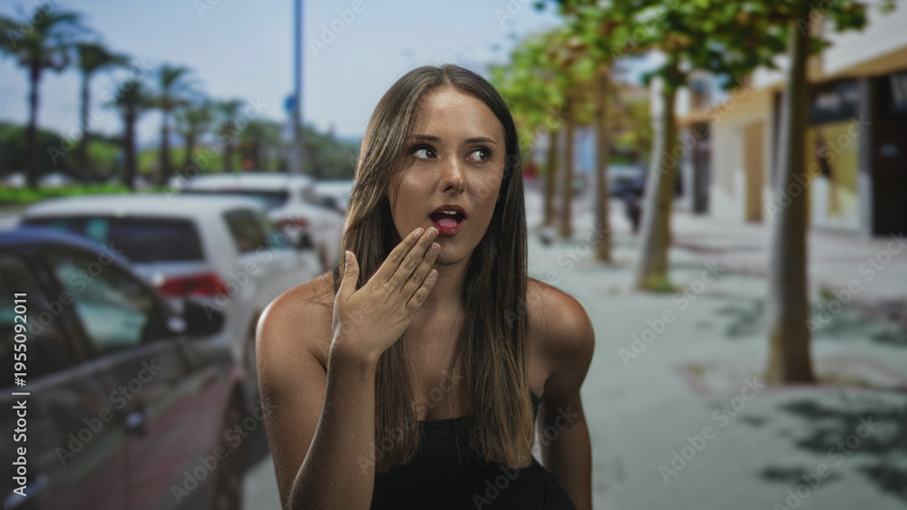Fototapeta premium Woman with hand covering mouth on a busy street beside parked cars and palm trees, looking startled and pensive; surprise curiosity.