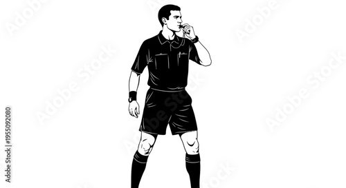 Black and White Illustration of a Soccer Referee Blowing a Whistle
