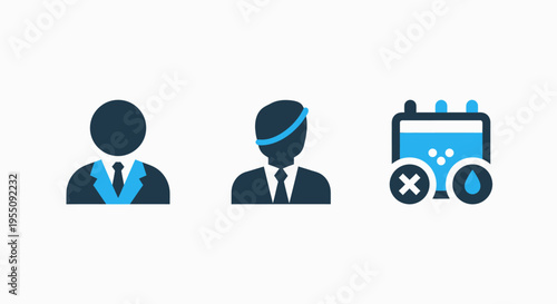 Flat icons depicting business professionals, men in suits, and a calendar with an exclamation mark symbolizing scheduling or deadlines