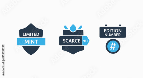 Digital icons for limited mint, scarce nft, and edition number badges representing collectibles and digital art