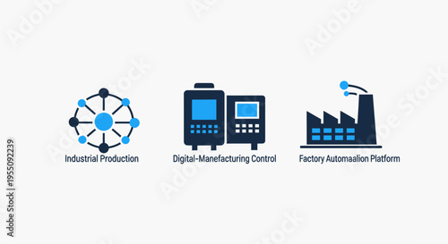 Abstract icons representing industrial processes, manufacturing, and network connections for business technology concepts